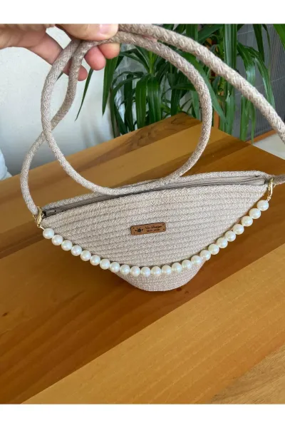 Nev Design İncili Çanta, Günlük, Omuz Çantası Koyu Bej
