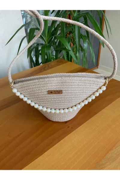 Nev Design İncili Çanta, Günlük, Omuz Çantası Koyu Bej