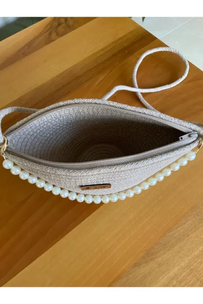 Nev Design İncili Çanta, Günlük, Omuz Çantası Koyu Bej