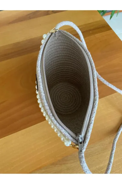 Nev Design İncili Çanta, Günlük, Omuz Çantası Koyu Bej