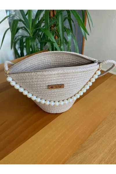 Nev Design İncili Çanta, Günlük, Omuz Çantası Koyu Bej