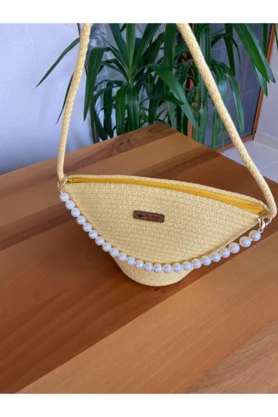 Nev Design İncili Çanta, Günlük, Omuz Çantası Sarı