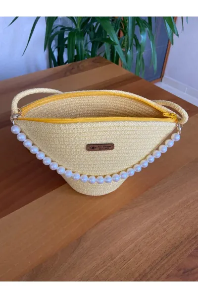 Nev Design İncili Çanta, Günlük, Omuz Çantası Sarı