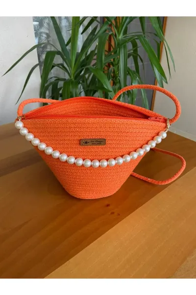 Nev Design İncili Çanta, Günlük, Omuz Çantası Turuncu
