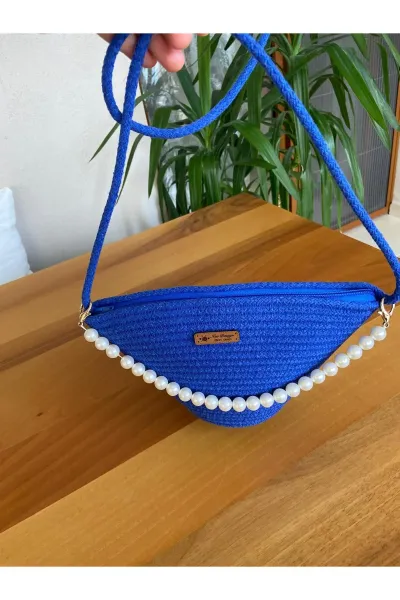Nev Design İncili Çanta, Günlük, Omuz Çantası Saks Mavisi