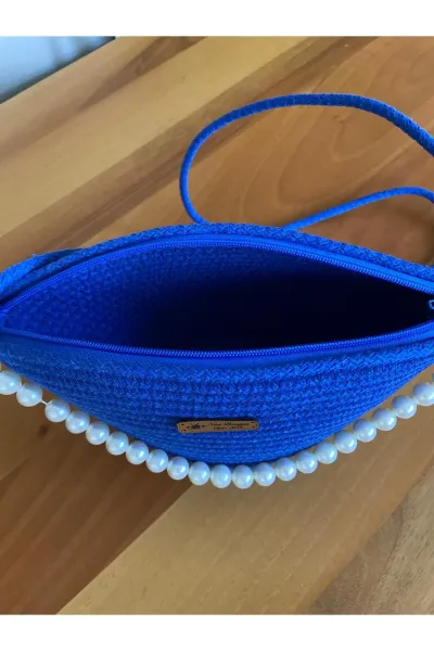 Nev Design İncili Çanta, Günlük, Omuz Çantası Saks Mavisi