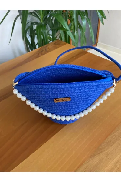 Nev Design İncili Çanta, Günlük, Omuz Çantası Saks Mavisi
