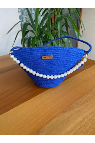 Nev Design İncili Çanta, Günlük, Omuz Çantası Saks Mavisi