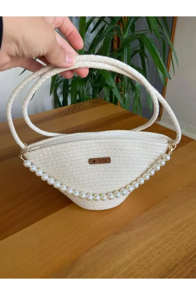 Nev Design İncili Çanta, Günlük, Omuz Çantası Krem