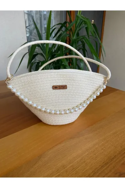 Nev Design İncili Çanta, Günlük, Omuz Çantası Krem