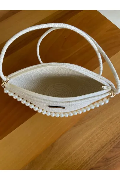 Nev Design İncili Çanta, Günlük, Omuz Çantası Krem