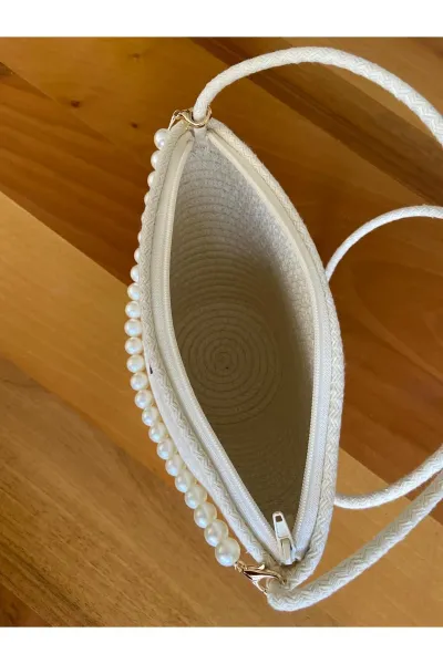 Nev Design İncili Çanta, Günlük, Omuz Çantası Krem
