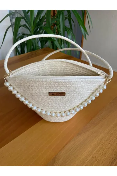 Nev Design İncili Çanta, Günlük, Omuz Çantası Krem