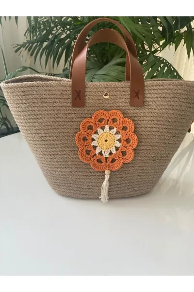 Nev Design Jüt Çanta, Hasır Çanta, Çiçek Detaylı 2