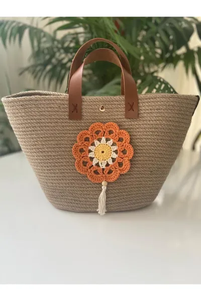 Nev Design Jüt Çanta, Hasır Çanta, Çiçek Detaylı 2