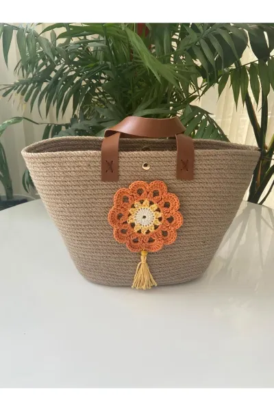 Nev Design Jüt Çanta, Hasır Çanta, Çiçek Detaylı 3
