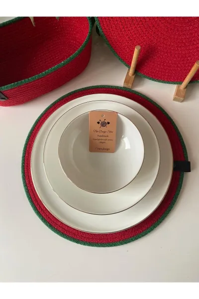 Nev Design 6'lı Supla ve Ekmek Sepeti Takımı Kırmızı-Yeşil Simli