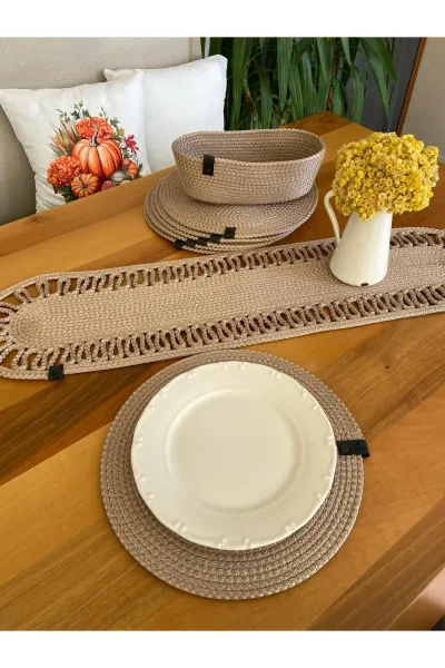 Nev Design 6 Adet Supla (Amerikan Servis), Runner ve Ekmek Sepeti Seti, Leke Turmaz, Koyu Bej