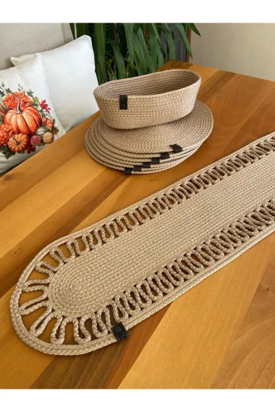 Nev Design 6 Adet Supla (Amerikan Servis), Runner ve Ekmek Sepeti Seti, Leke Turmaz, Koyu Bej