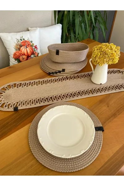 Nev Design 6 Adet Supla (Amerikan Servis), Runner ve Ekmek Sepeti Seti, Leke Turmaz, Koyu Bej