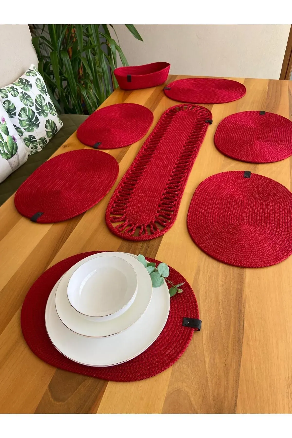 Nev Design Oval 6 Adet Supla (Amerikan Servis), Runner ve Ekmek Sepeti, Kırmızı