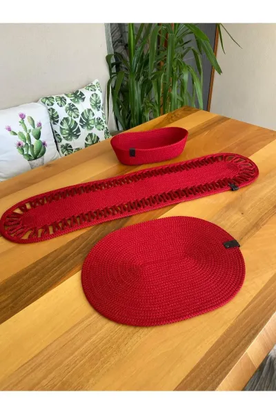 Nev Design Oval 6 Adet Supla (Amerikan Servis), Runner ve Ekmek Sepeti, Kırmızı