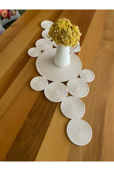 Nev Design Polyester Runner, Masa Örtüsü, Dekoratif, 90x35, Ekru