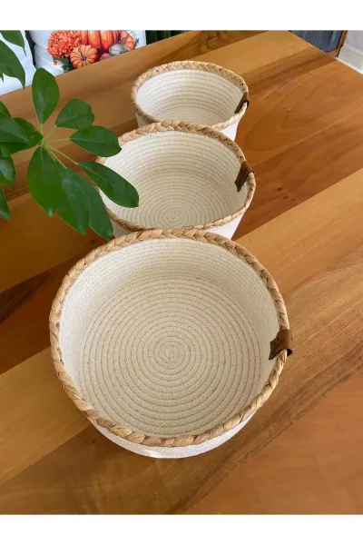 Nev Design Çok Amaçlı 3'lü Sepet, Düzenleyici, Pamuklu, Krem-Hasır