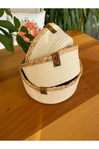 Nev Design Çok Amaçlı 3'lü Sepet, Düzenleyici, Pamuklu, Krem-Hasır