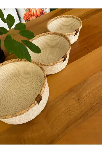 Nev Design Çok Amaçlı 3'lü Sepet, Düzenleyici, Pamuklu, Krem-Hasır