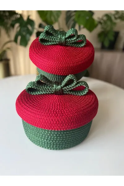 Nev Design Kapaklı 2'li Dekoratif Sepet, Yılbaşı Konsept Yeşil Kırmızı