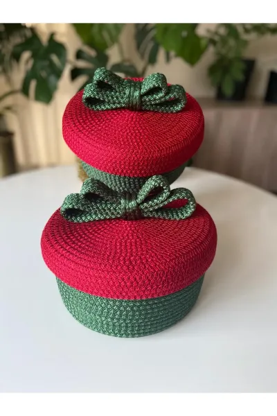 Nev Design Kapaklı 2'li Dekoratif Sepet, Yılbaşı Konsept Yeşil Kırmızı