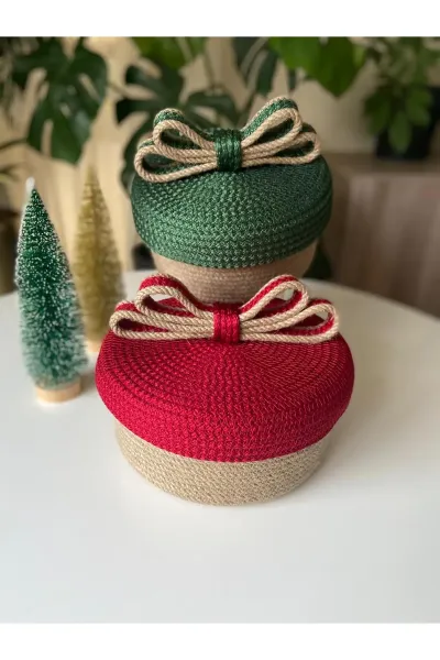 Nev Design Kapaklı 2'li Dekoratif Sepet, Yılbaşı Konsept Bej-Jüt Kırmızı Yeşil