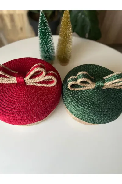 Nev Design Kapaklı 2'li Dekoratif Sepet, Yılbaşı Konsept Bej-Jüt Kırmızı Yeşil