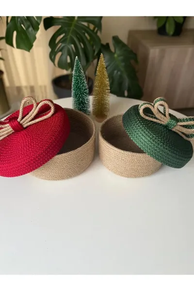 Nev Design Kapaklı 2'li Dekoratif Sepet, Yılbaşı Konsept Bej-Jüt Kırmızı Yeşil