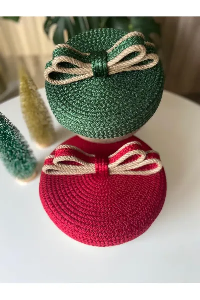 Nev Design Kapaklı 2'li Dekoratif Sepet, Yılbaşı Konsept Bej-Jüt Kırmızı Yeşil