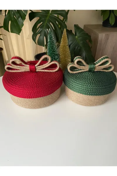 Nev Design Kapaklı 2'li Dekoratif Sepet, Yılbaşı Konsept Bej-Jüt Kırmızı Yeşil