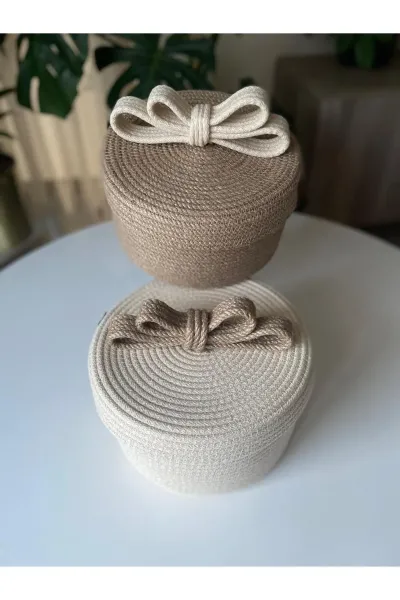 Nev Design Kapaklı 2'li Dekoratif Sepet, Yılbaşı Konsept Bej-Jüt Krem