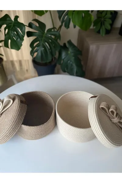 Nev Design Kapaklı 2'li Dekoratif Sepet, Yılbaşı Konsept Bej-Jüt Krem