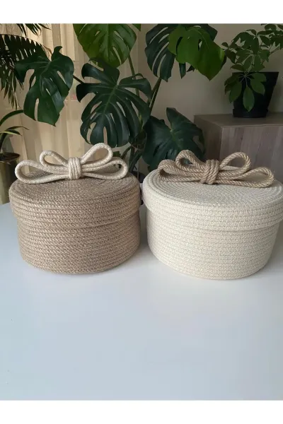 Nev Design Kapaklı 2'li Dekoratif Sepet, Yılbaşı Konsept Bej-Jüt Krem