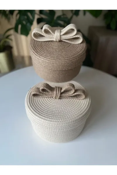 Nev Design Kapaklı 2'li Dekoratif Sepet, Yılbaşı Konsept Bej-Jüt Krem