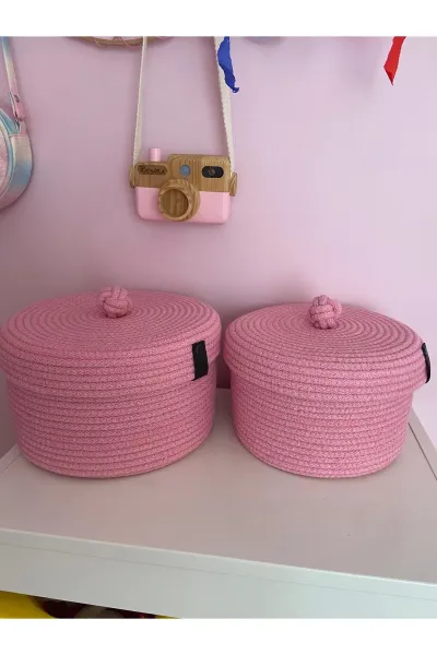 Nev Design 2'li Kapaklı Sepet, Düzenleyici, El Yapımı, Çok Amaçlı Pembe