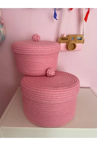 Nev Design 2'li Kapaklı Sepet, Düzenleyici, El Yapımı, Çok Amaçlı Pembe