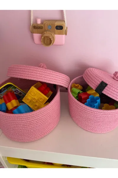 Nev Design 2'li Kapaklı Sepet, Düzenleyici, El Yapımı, Çok Amaçlı Pembe