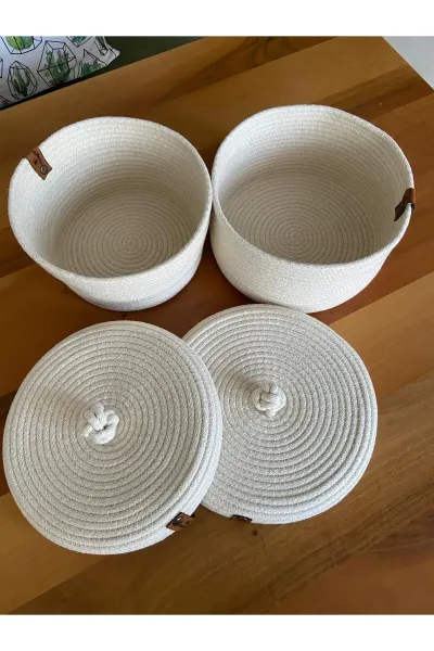 Nev Design 2'li Kapaklı Sepet, Düzenleyici, El Yapımı, Çok Amaçlı Krem