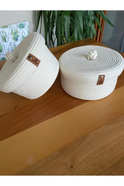 Nev Design 2'li Kapaklı Sepet, Düzenleyici, El Yapımı, Çok Amaçlı Krem