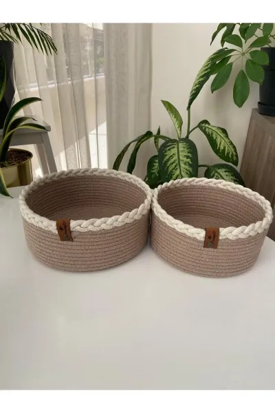 Nev Design 2'li Jüt Sepet Takımı, Örgü Detaylı Jüt Krem