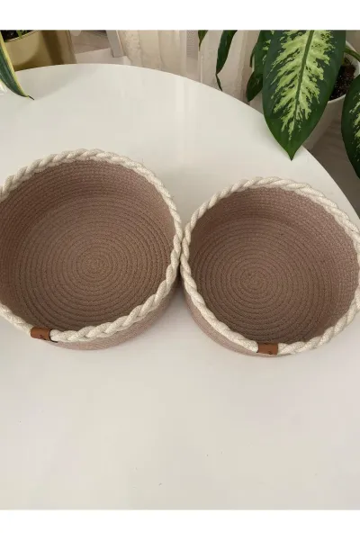 Nev Design 2'li Jüt Sepet Takımı, Örgü Detaylı Jüt Krem