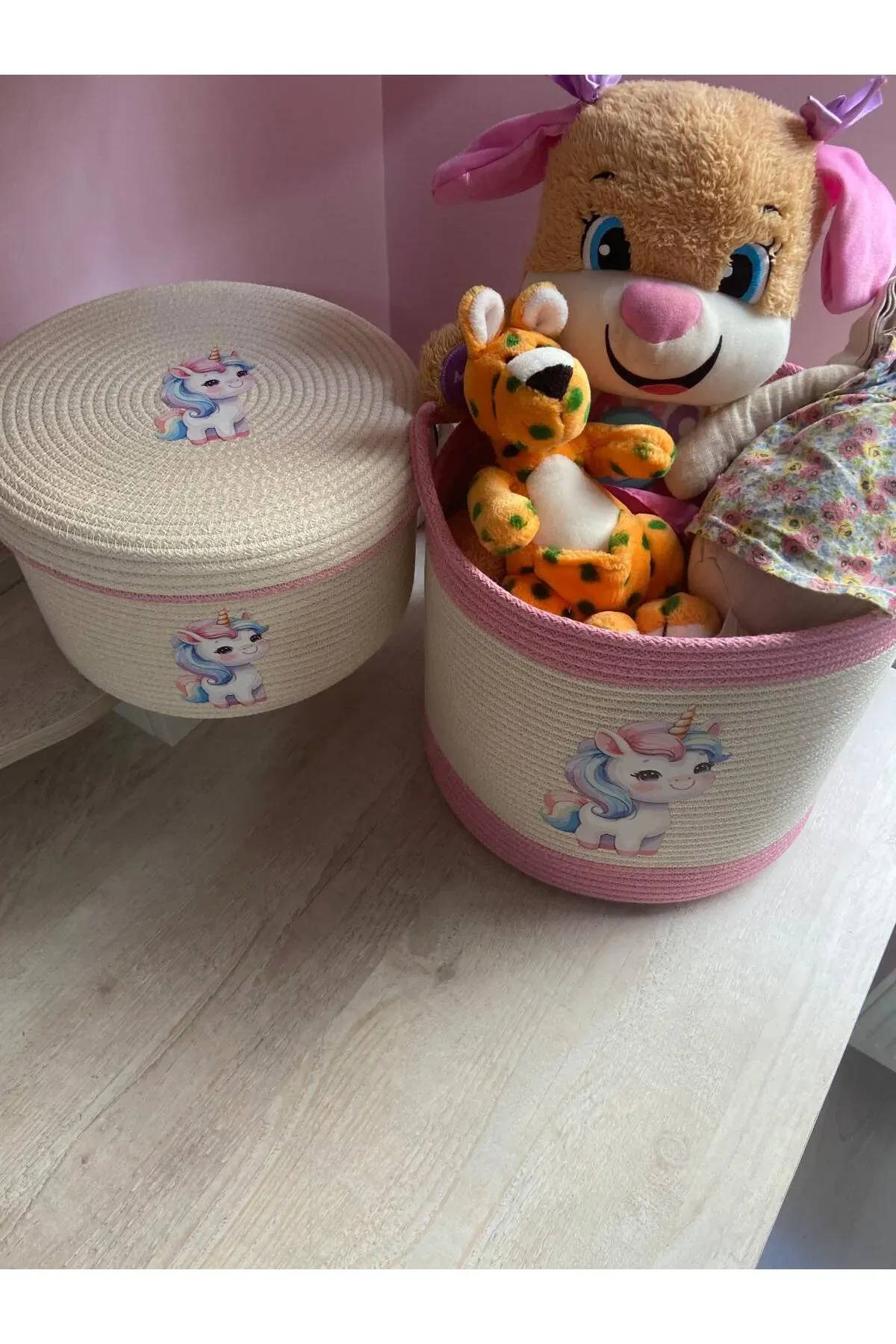 Nev Design Çocuk Odası 2'li Sepet Takımı, Oyuncak Sepeti, Düzenleyici Koyu Krem Pembe Unicorn