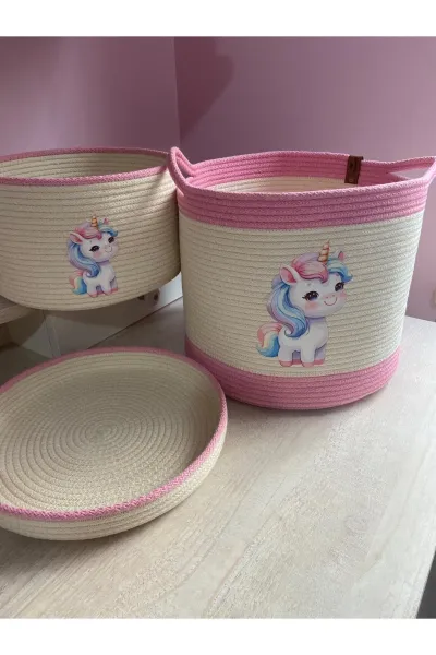 Nev Design Çocuk Odası 2'li Sepet Takımı, Oyuncak Sepeti, Düzenleyici Koyu Krem Pembe Unicorn